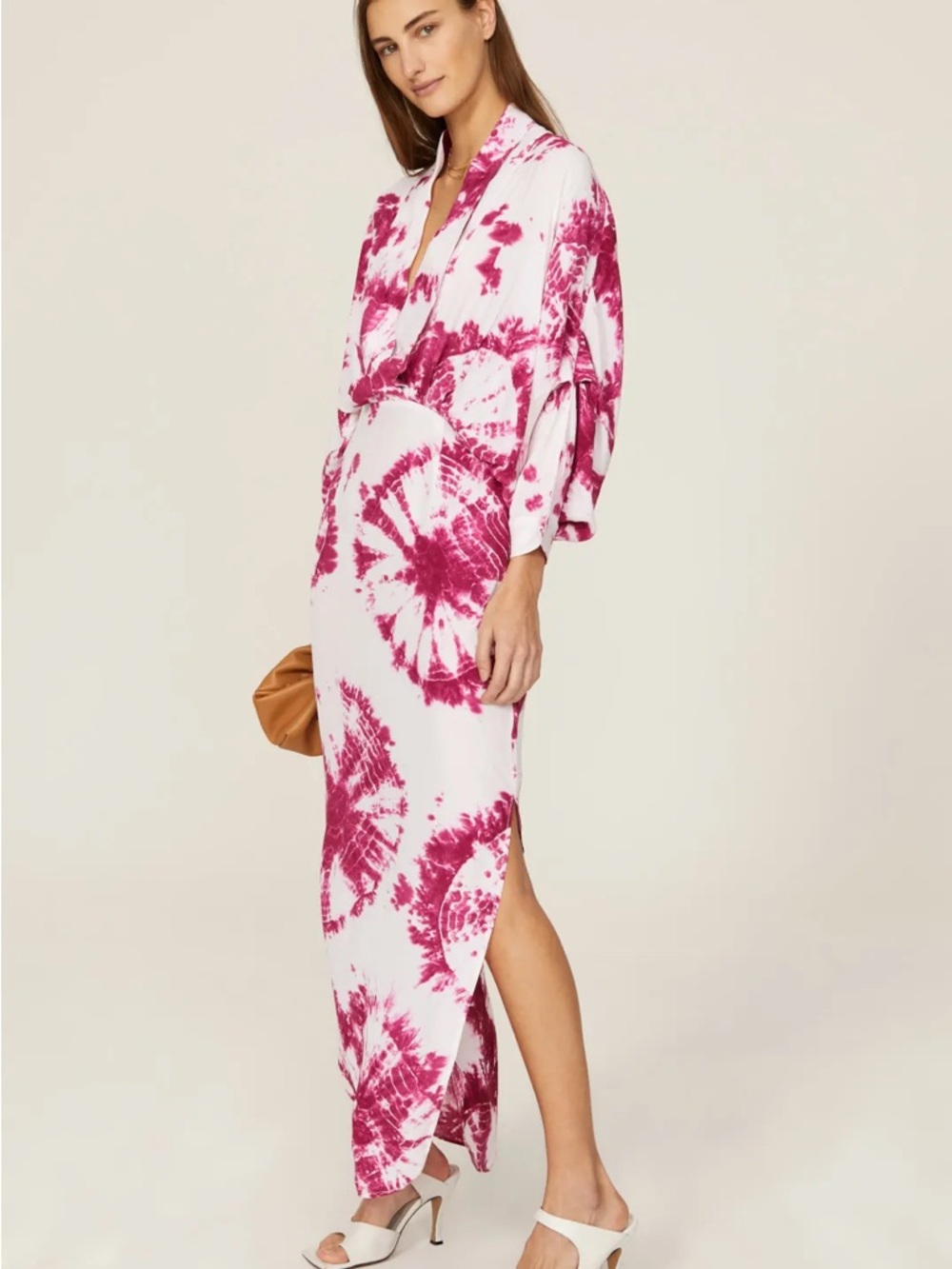 S/W/F Magenta Pink Tie Dye Plunge Maxi Dress Boho Summer Pockets Size Large